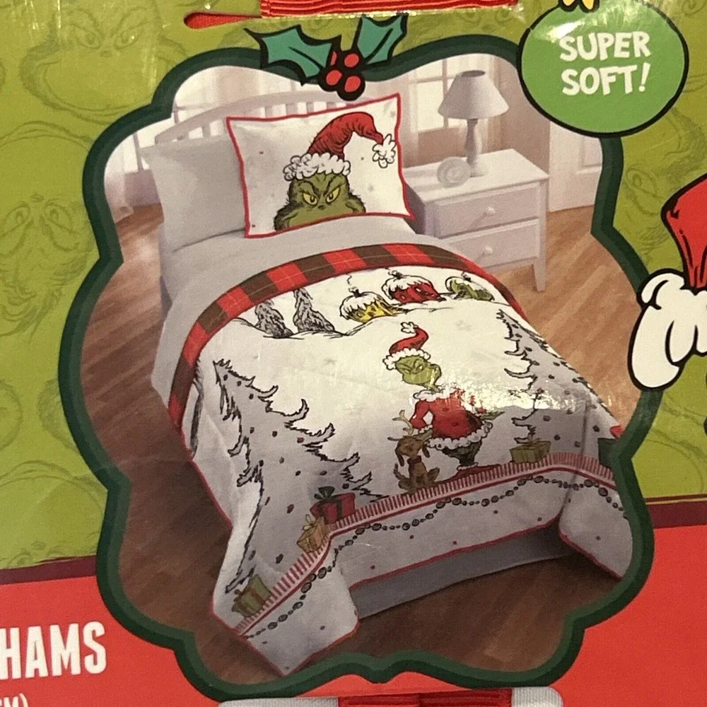 Grinch Dr. Seuss Full Queen Quilt Shams‎ Holiday Christmas Set Max White Pillow